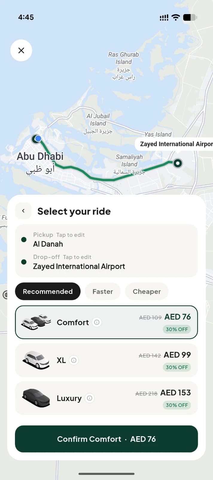 Starway app — select your ride: Comfort, XL or Luxury, Al Danah to Zayed International Airport