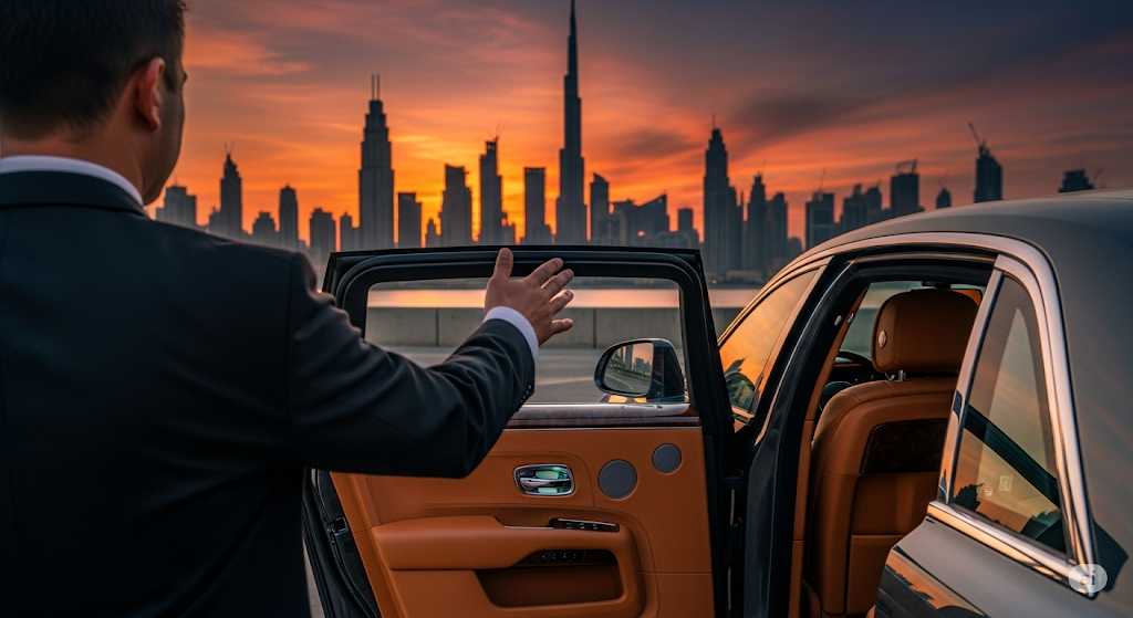 Professional chauffeur standing by a luxury car