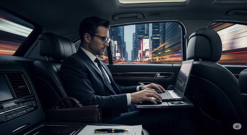 Business executive working on a laptop in the back of a luxury chauffeur-driven car