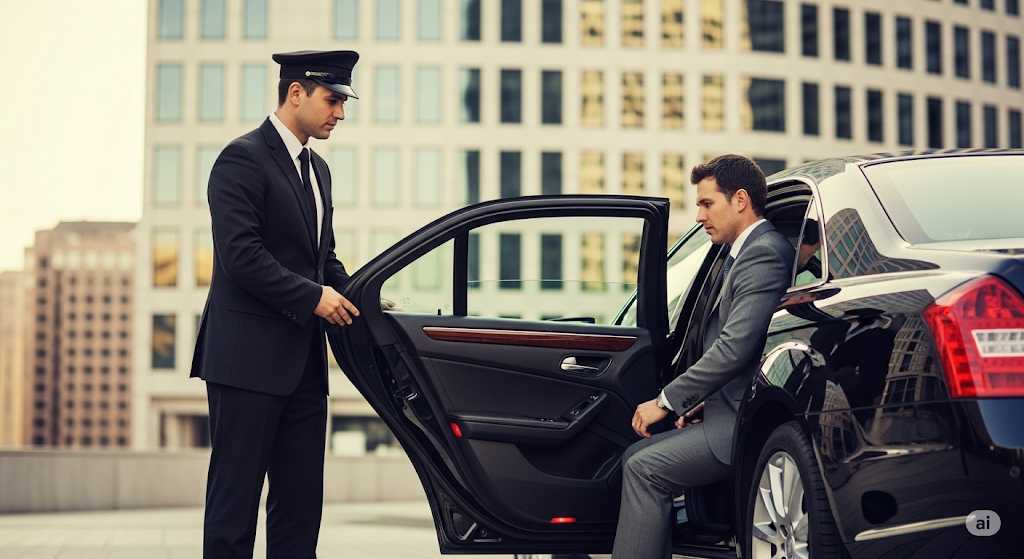 Chauffeur opening a car door for a business professional