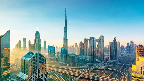 Dubai skyline with Burj Khalifa and skyscrapers