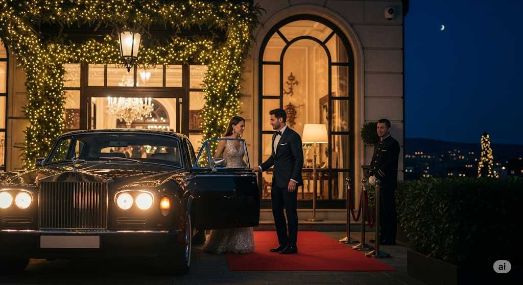 Couple arriving at a festive holiday party in a luxury car