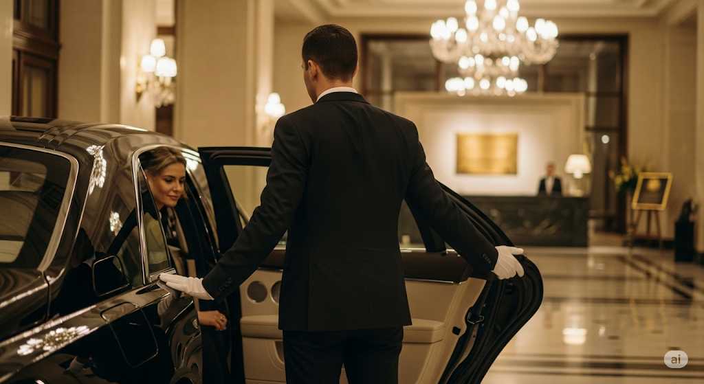 Professional chauffeur holding open the door of a luxury car for a guest at a hotel entrance
